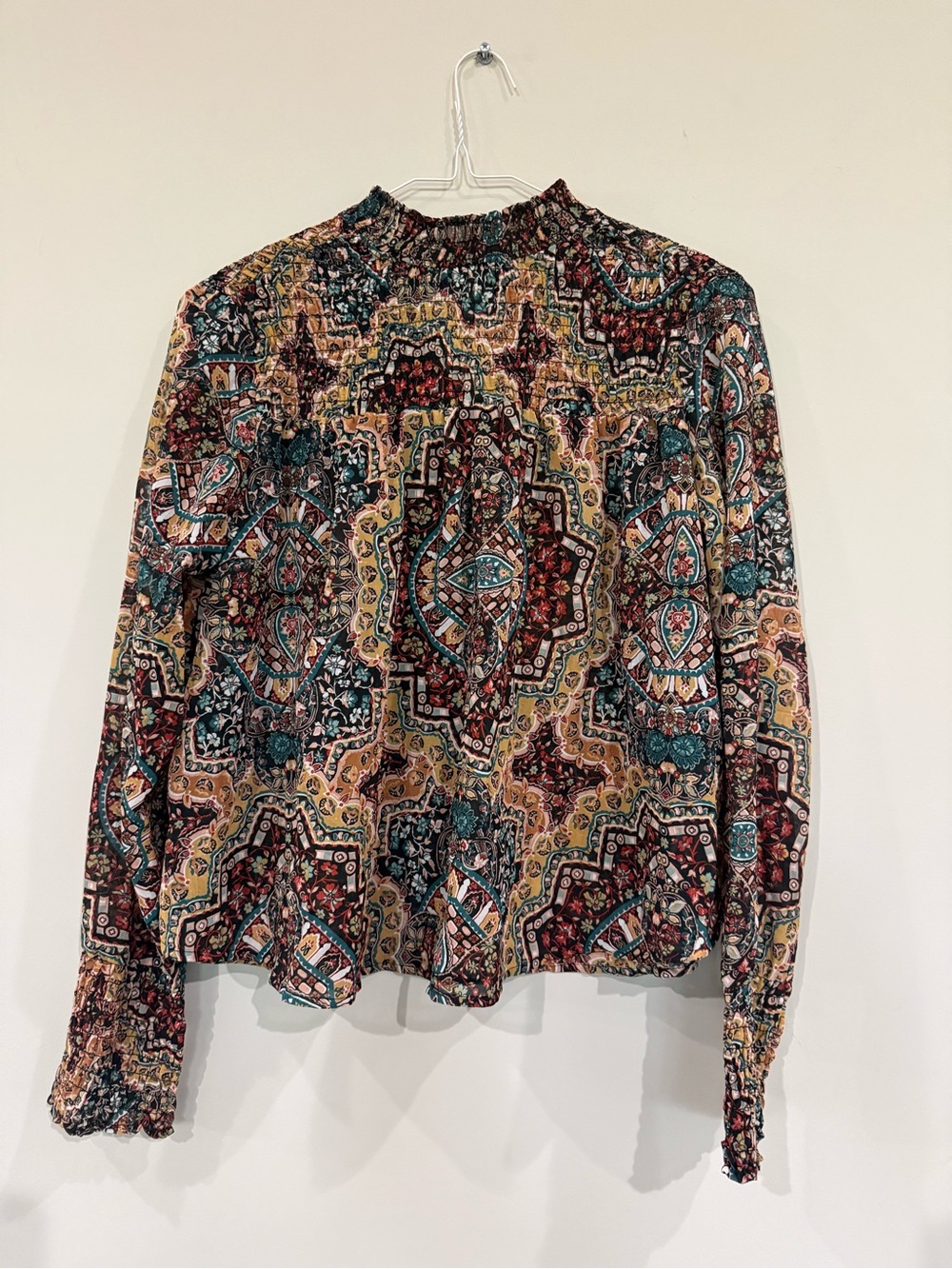 Smocked High-Neck Paisley Blouse in Teal & Burgundy